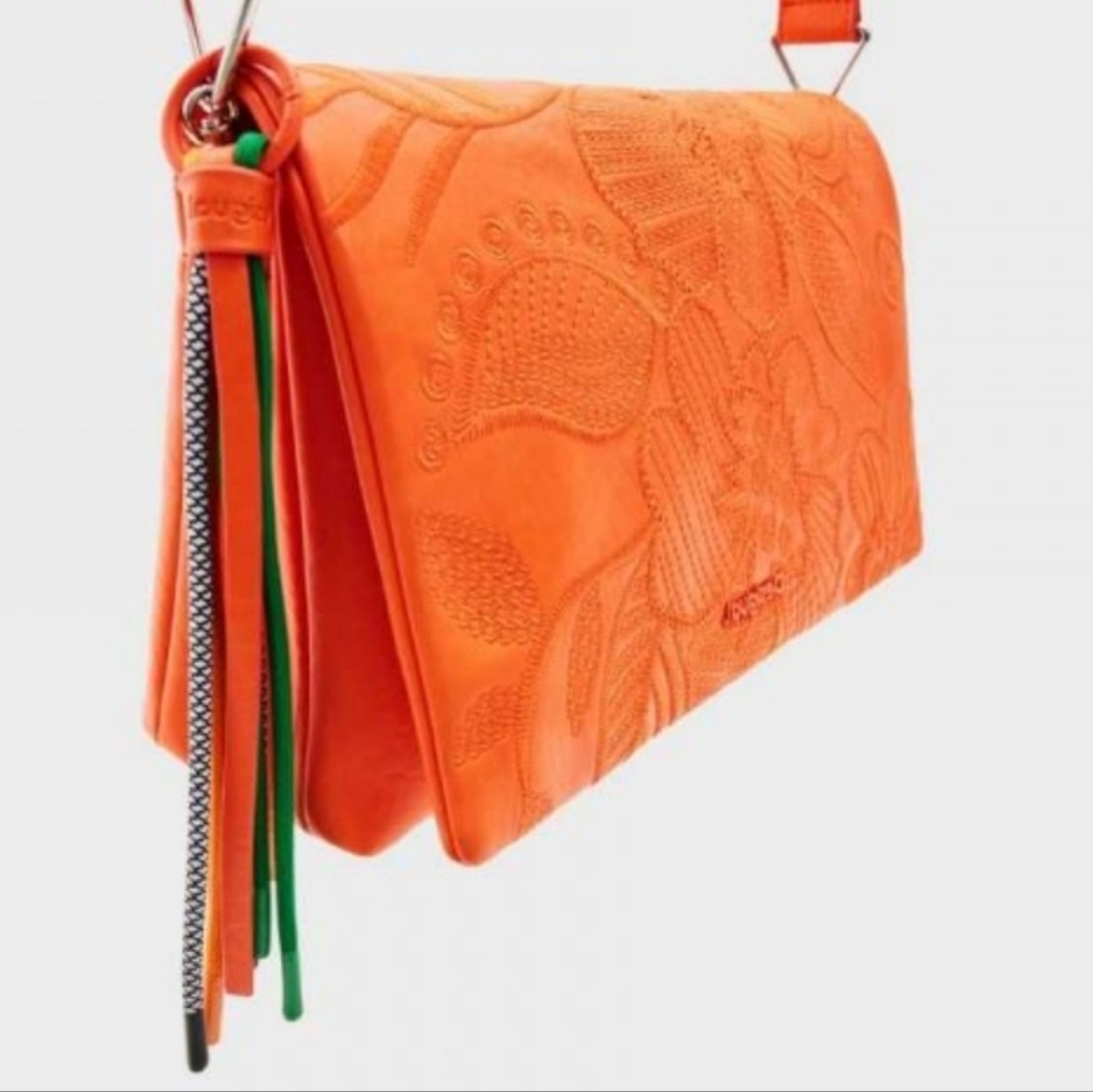 Desigual Orange Polyurethane Women's Handbag Floral Embroidery Green Tassel